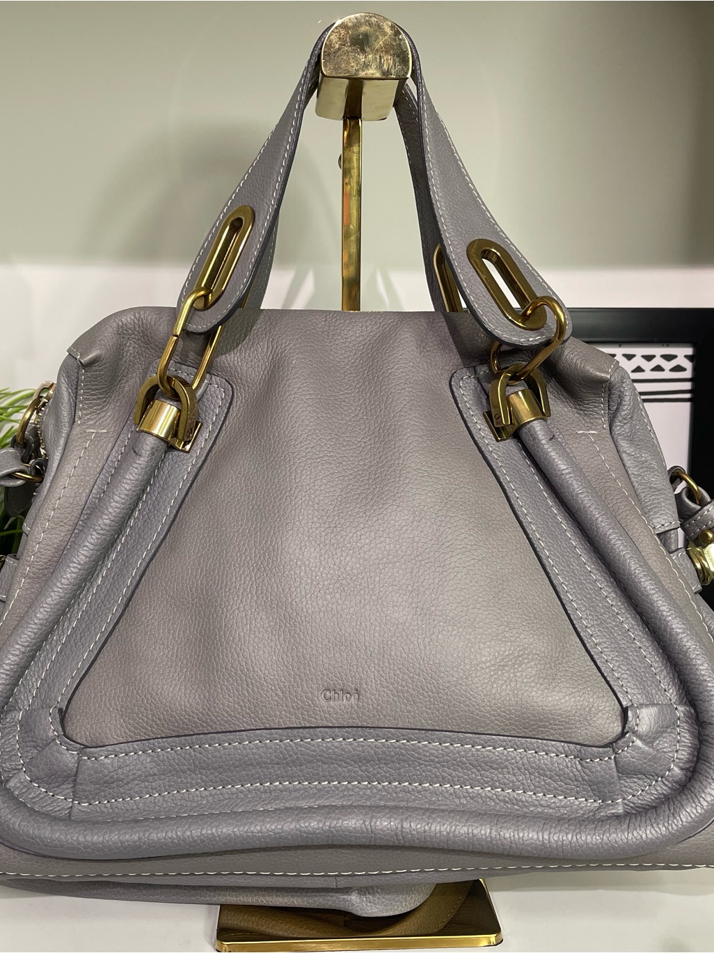 Chloe Paraty Soft Gray Leather Shoulder Bag With Gold Hardware